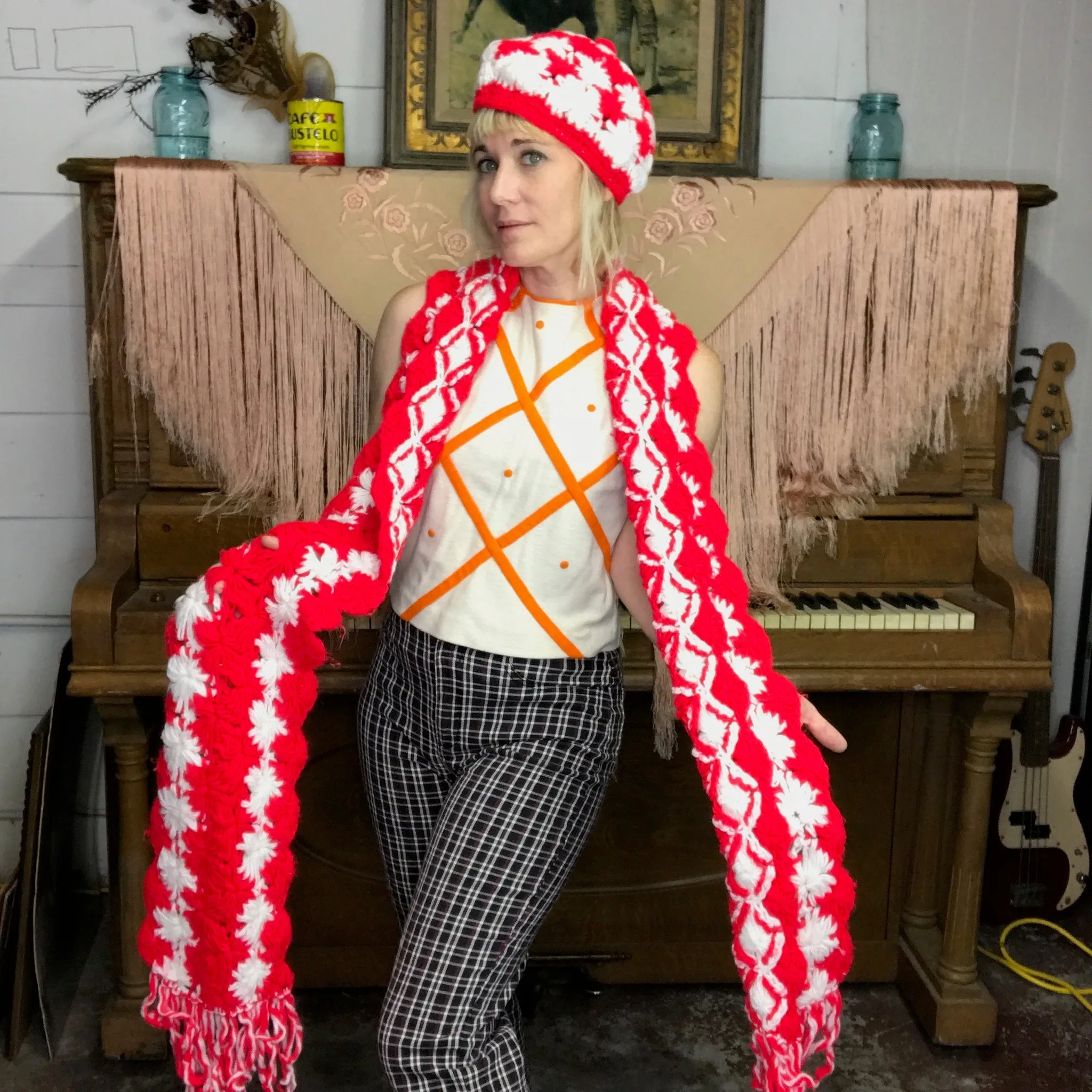 Vintage 60s 70s | MOD Red Crochet Boho Hippie Scarf & Hat Set